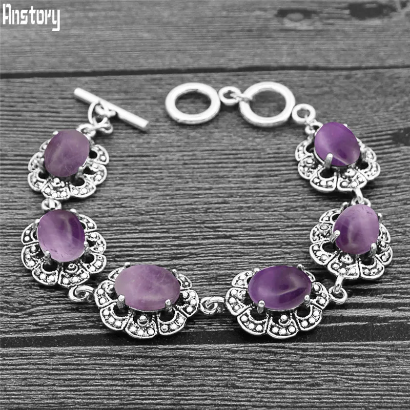 Vintage Fashion Looks - Oval Amethysts Bracelet Plum Flower Design