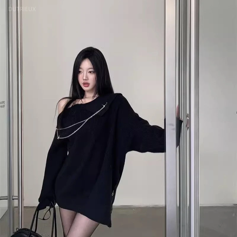 Retro Vintage Korean Fashion - Y2k Long Pullovers Chains Vintage Halter