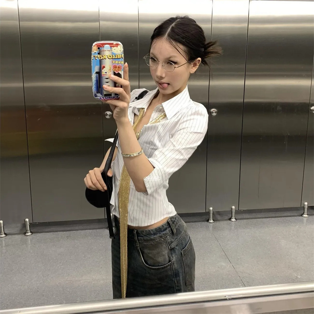 Striped Shirt Women Casual Str - Retro Vintage Korean Fashion ulasan dan harga
