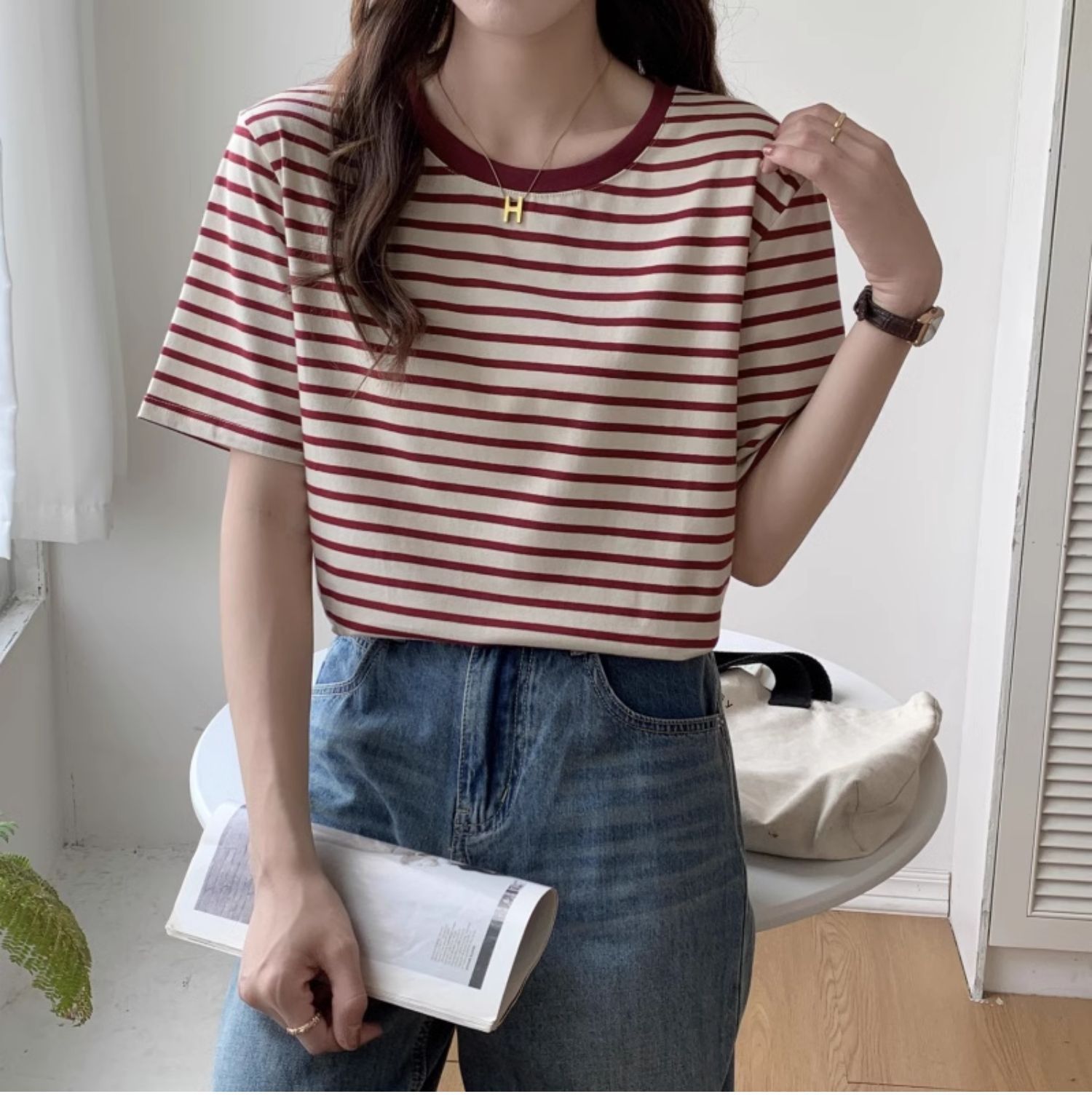 Vintage Striped T-shirt Women  - Retro Vintage Korean Fashion ulasan dan harga