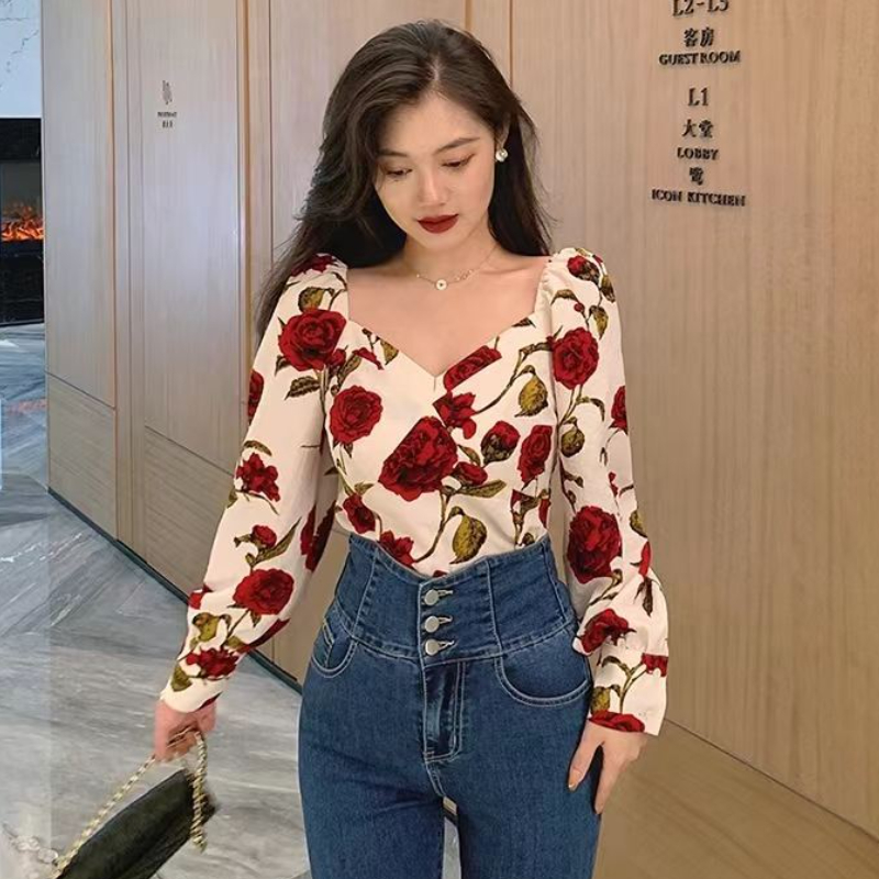 S-3XL Rose Blouses for Women S - Retro Vintage Korean Fashion ulasan dan harga