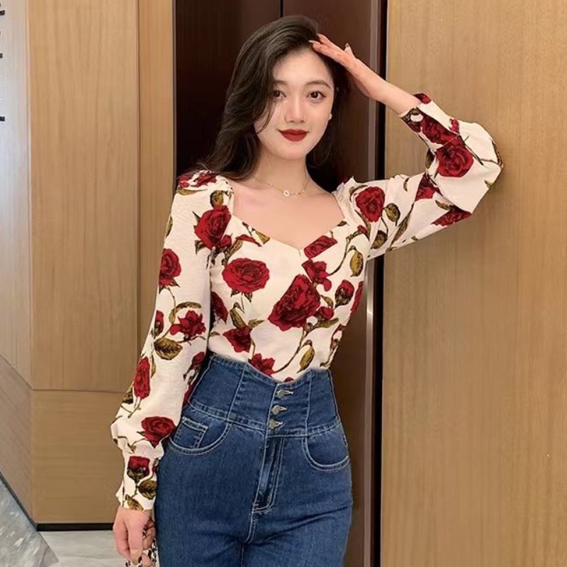 S-3XL Rose Blouses for Women S - Retro Vintage Korean Fashion ulasan dan harga